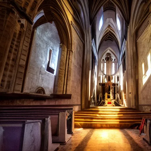 Prompt: a cinematic painting of jesus stood on the alter in an abandoned cathedral interior, he is lit by a strong beam of light shining in through a crack on the ceiling, 8 k, movie still, wide angle photograph