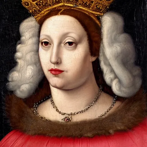 Image similar to a renaissance style portrait painting of fluffy wolf, wearing a crown and cape, dark background