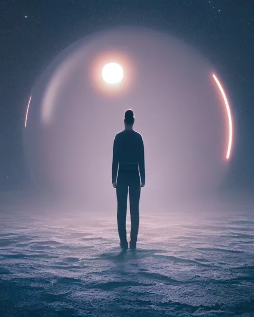 Image similar to a person standing in front of a glowy open door that's on a barren moon, poster art by mike winkelmann, trending on cg society, space art, sci - fi, ue 5, futuristic, volumetric lighting, light casting onto the ground, neat composition and camera angle