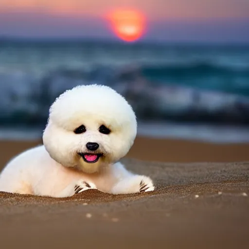 Image similar to a closeup photorealistic photograph of panda themed white bichon frise smiling on the beach at sunset. This 4K HD image is Trending on Artstation, featured on Behance, well-rendered, extra crisp, features intricate detail and the style of Unreal Engine.