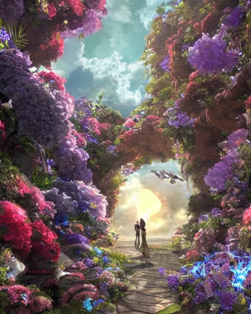 Prompt: portal to paradise, 8 k high definition, very unique, advanced technology, beams of energy, pathway, flowers, machines, insanely detailed, intricate, art by akihiko yoshida, antilous chao, woo kim