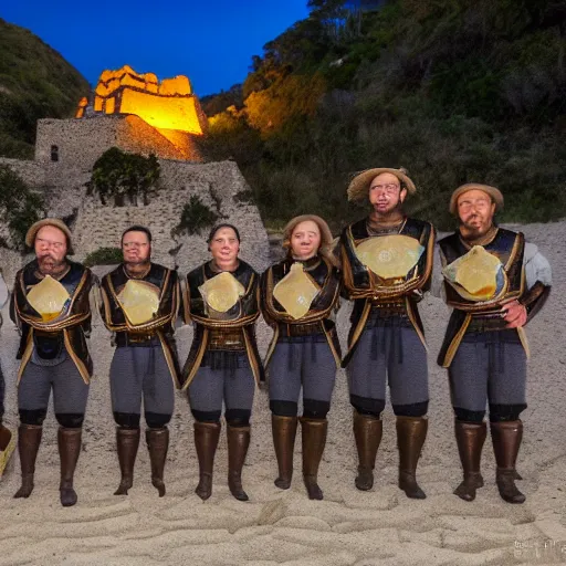 Prompt: A group of armoured Spanish conquistadors holding lanterns on a sandy beach Cove in middle of a magical forest in a dark night. Inca ruins in the background. Pale crescent moon in the sky. Award winning photography