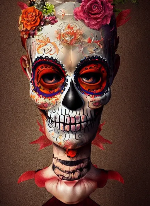 Prompt: dia de los muertos theme surrealist art in the styles of igor morski, jim warren, and giuseppe mastromatteo, winking, intricate, hyperrealistic, accurate facial details, profile picture with chromakey!!!!! background, volumetric lighting