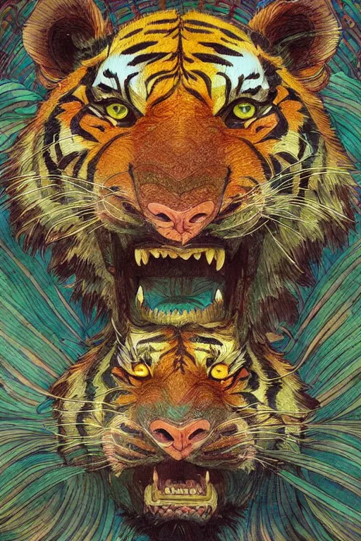Image similar to a beautiful hyperdetailed illustration of absolutely beautiful tiger head design, from china, solid background, perfectly shaded, atmospheric lighting, style of studio ghibli, makoto shinkai, raphael lacoste, louis comfort tiffany, artgerm, james jean, victo ngai, ross tran, chinese style