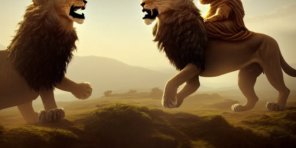 Prompt: a man riding a lion : : a hooded wise old man ( long white beard wearing a brown hooded tunic ) riding a lion, majestic, epic digital art, cinematic, trending on artstation, superb detail 8 k, wide - angle, masterpiece