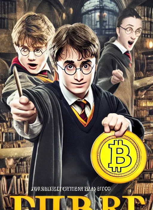 Image similar to harry Potter and the bitcoin wizard, movie poster