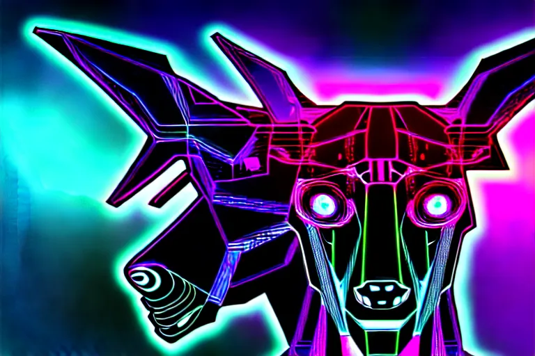 Image similar to complex cyberpunk machine background merged with evil cybernetic goat head in center focus, multicolored digital art