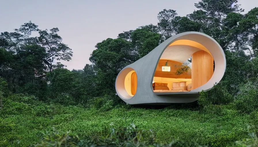 Prompt: A wide image of a full innovative contemporary 3D printed prefab sea ranch style cabin with rounded corners and angles, beveled edges, made of cement and concrete, organic architecture, in a lush green forest Designed by Gucci and Wes Anderson, golden hour