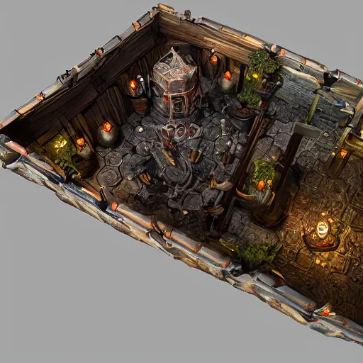 Image similar to D&D tabletop game map of tavern interior from top down view, orc themed, dark, evil looking, very realistic, cinematic lighting, CGI render, trending on artstation