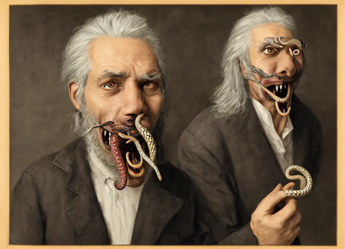 Image similar to Highly detailed portrait of a man with gray hair, a black eye patch, and a snake in his mouth