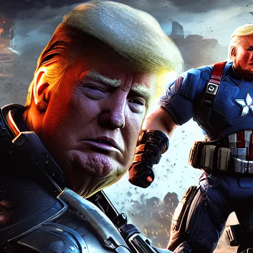 Image similar to portrait of donald trump as captain america in gears of war, splash art, movie still, cinematic lighting, dramatic, glowing, ray tracing, octane render, long lens, shallow depth of field, bokeh, anamorphic lens flare, 8 k, hyper detailed, 3 5 mm film grain