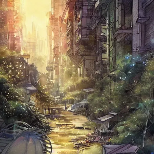 Image similar to Beautiful happy picturesque charming sci-fi city in harmony with nature. Beautiful light. Nice colour scheme, soft warm colour. Beautiful detailed watercolor by Lurid. (2022)