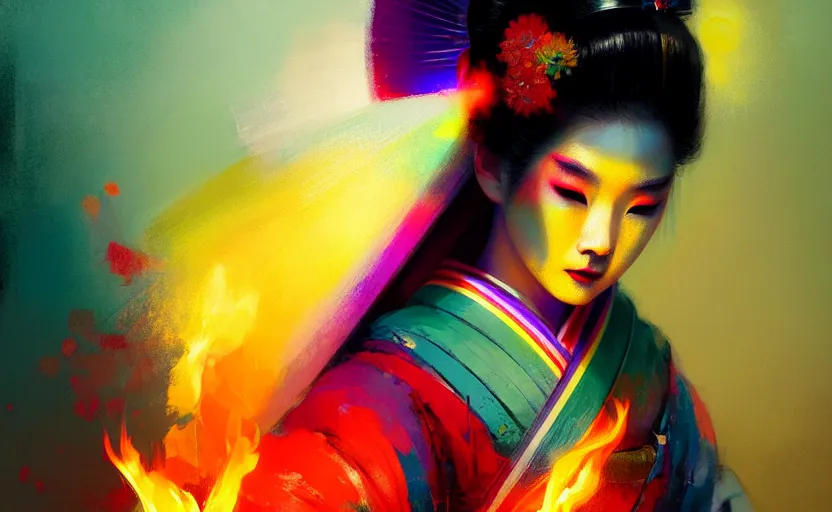 Prompt: female geisha girl holding a flame of rainbow, beautiful face, colourful, rule of thirds, thousands of colors, intricate outfit, spotlight, by greg rutkowski, by jeremy mann, digital painting