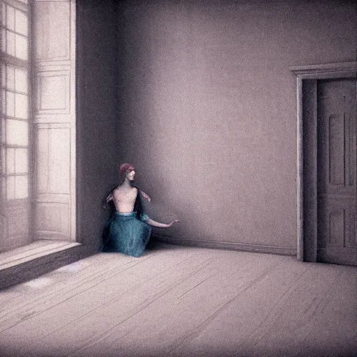 Image similar to beautiful girl in an empty room, daguerreotype by segantini, art noveau, highly detailed, strong lights, liminal, eerie, Bright pastel colors, octane render, 8k