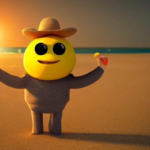 Prompt: 3 d render, of anthropomorphic lemon character with an angry look on his face, he is wearing a hat, relaxing on the beach at sunset, beach, waves, sun, rim light, cinematic photography, professional, sand