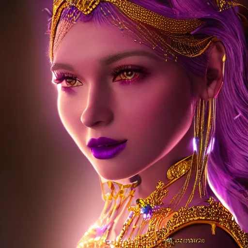 Image similar to portrait princess of amethyst, glowing, ornate and intricate purple jewelry, jaw dropping beauty, glowing background lighting, purple accent lighting, hyper detailed, fairy tale, 4 k octane render