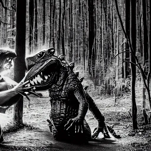 Image similar to werecreature consisting of a alligator and a human, werealligator, photograph captured in a dark forest