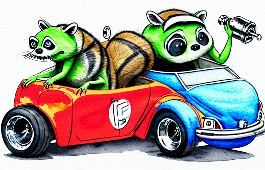 Image similar to cute and funny, racoon riding in a tiny hot rod coupe with oversized engine, ratfink style by ed roth, centered award winning watercolor pen illustration, isometric illustration by chihiro iwasaki, edited by range murata