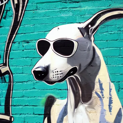 Prompt: Grafitti Mural of a white Greyhound wearing Aviator sunglasses