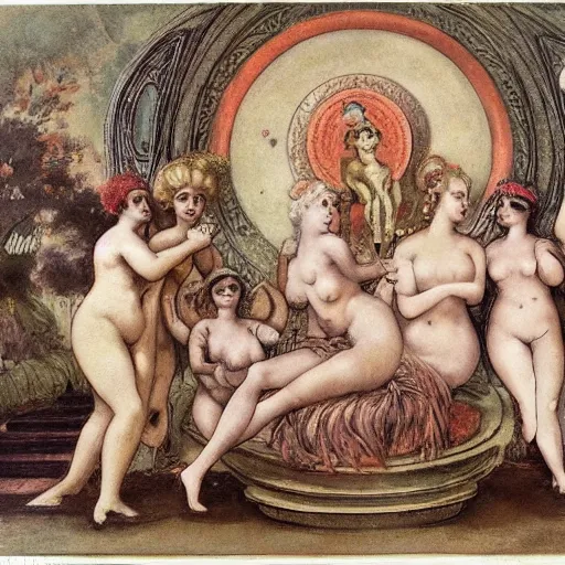 Image similar to The street art shows Venus seated on a crescent moon. She is surrounded by the goddesses Ceres and Bacchus, who are both holding cornucopias. patina, Hanna Barbera by Louis Icart, by Giovanni Battista Piranesi turbulent