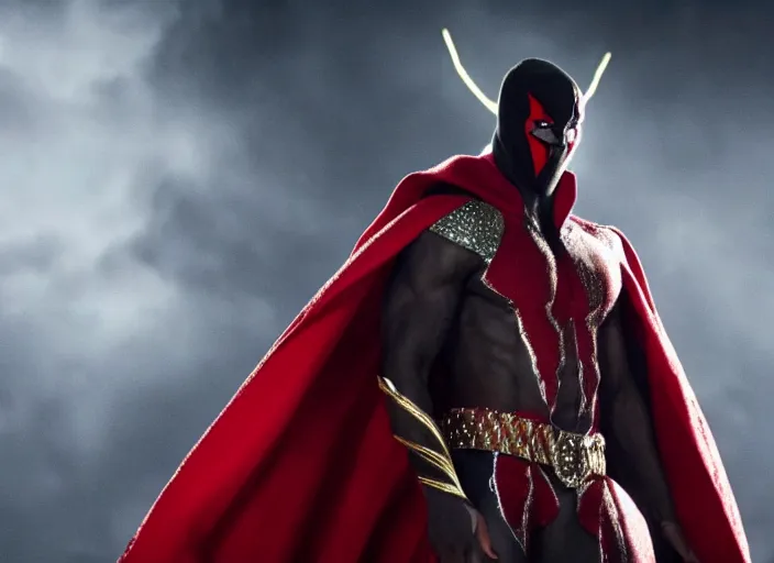 Image similar to film still of michael b jordan as spawn in the new spawn movie, giant chains, large cape, 8 k