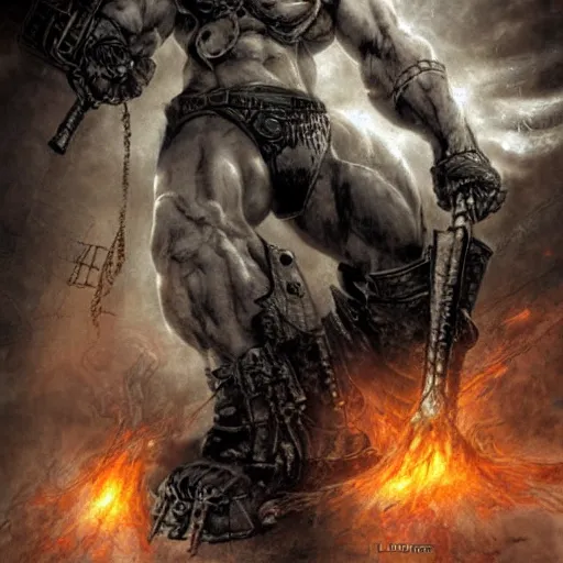 Image similar to potemkin from guilty gear, by luis royo, retro fantasy, details, digital art