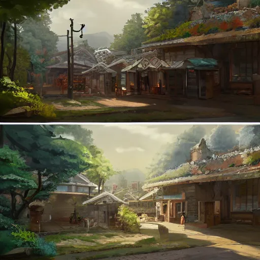 Image similar to concept art painting of a historic bakery with european and japanese architecture, in a woodland village surrounded by trees, in a mountain valley, realistic, detailed, cel shaded, in the style of makoto shinkai and greg rutkowski and james gurney