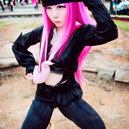Image similar to ”Japanese anime girl, pink hair with two huge elephant ears, action shot, by Kurahana Chinatsu”