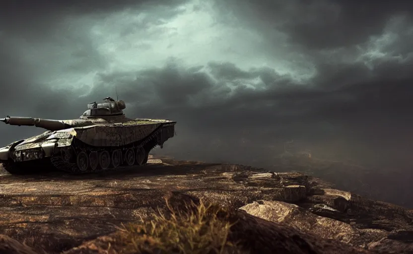 Image similar to a Leopard 2 in the mountain at night by Paul Chadeisson, blue headlights, dark image, stormy weather, landscape, military outpost, spotlights, atmospheric, artstation, concept art, illustration, sharp focus, high detail, octane render, intimidating