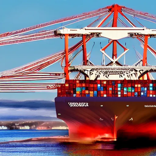 Prompt: professional high quality photo of a container ship traveling under the francis scott key bridge in the future [ 3 0 0 0 ], imax, 7 0 mm