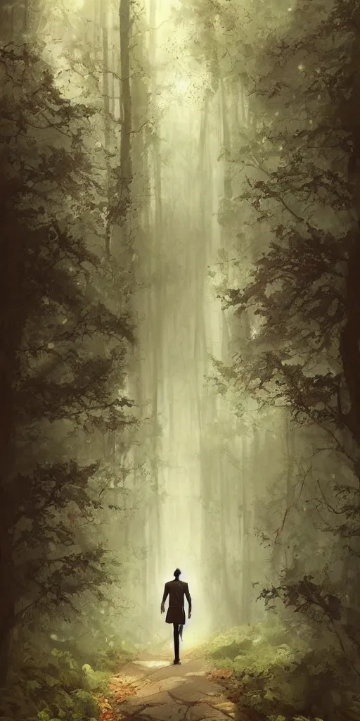 Image similar to a painting of a man walking down a path in a forest, a storybook illustration by charlie bowater, featured on deviantart, fantasy art, storybook illustration, detailed painting, enchanting