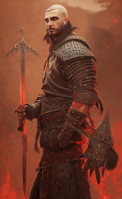 Image similar to an oil art portrait of young handsome pale roma, grim dark warrior from witcher, gipsy blood mage with great sword character design from inquisition, 4 k, ultra detail, volumetric lighting, unreal engine, octane render