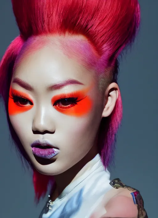 Prompt: rina sawayama styled by nick knight, red weapon 8 k s 3 5, cooke anamorphic / i lenses, highly detailed, cinematic lighting
