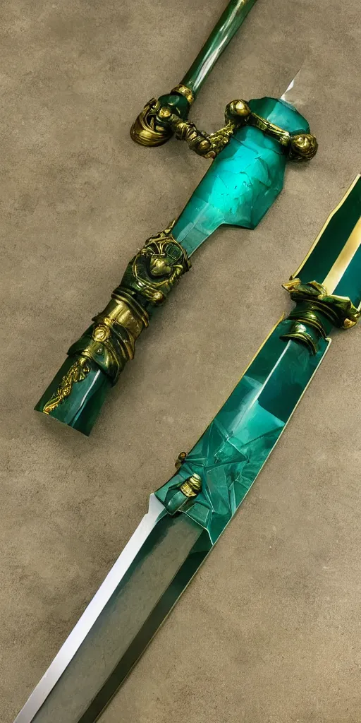 Image similar to photograph of a wide green and teal crystal sword blade attached to a big gold sword hilt