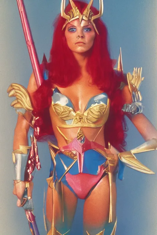 Image similar to she - ra, portrait, full body, symmetrical features, color photo, 1 9 8 5 photograph, kodachrome, aged paper, sergio leone, master prime lenses, cinematic