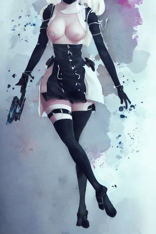 Prompt: Full body Portrait of young, beautiful 2B from Nier Automata, full of details, watercolor painting, concept art, smooth, by Ina Wong and wlop ，trending on cgsociety and artstation，8kHDR，light effect