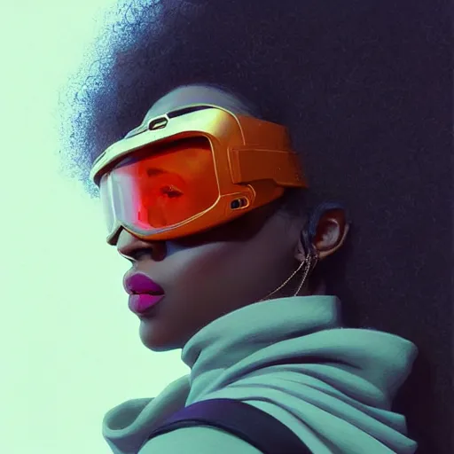 Prompt: Beautiful woman wearing opaque reflective goggles profile picture by Greg Rutkowski, brown skin, long afro hair, asymmetrical, futuristic, cool colors, streetwear, studio ghibli, Organic Painting , Matte Painting, geometric shapes, hard edges, street art, trending on the artstation, fantasy LUT, realistic by Sachin Teng,
