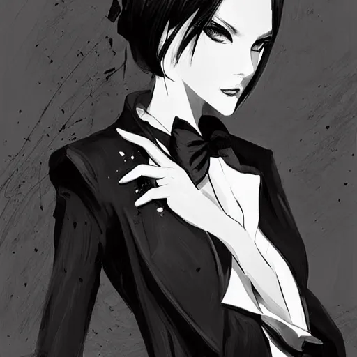 Image similar to slim beautiful killer girl in tuxedo with black wavy bob hair, elegant, 2d, ultra highly detailed, digital painting, smooth, sharp focus, artstation, black and white art by Tsutomu Nihei