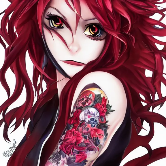Prompt: christina rene hendricks as a highschool dxd demon character, body covered in floral tattoos, d & d, fantasy, highly detailed, digital art, trending on artstation, smooth, sharp focus, illustration, art by peter tang and artgem