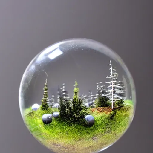 Prompt: miniature forest in a glass sphere