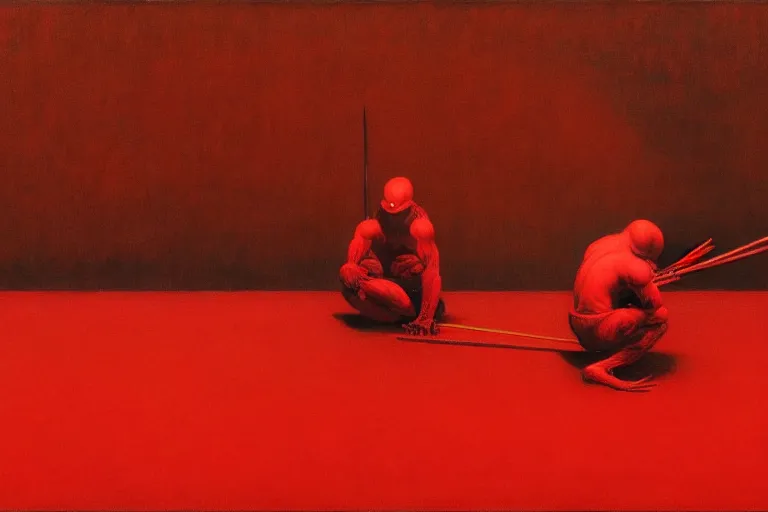 Image similar to only with red, a red samurai do seppuku, tokio, a lot of frogs watch, in the style of beksinski, parts by edward hopper, parts by rodcenko, parts by yue minjun, intricate and epic composition, red by caravaggio, insanely quality, highly detailed, masterpiece, red light, artstation, 4 k