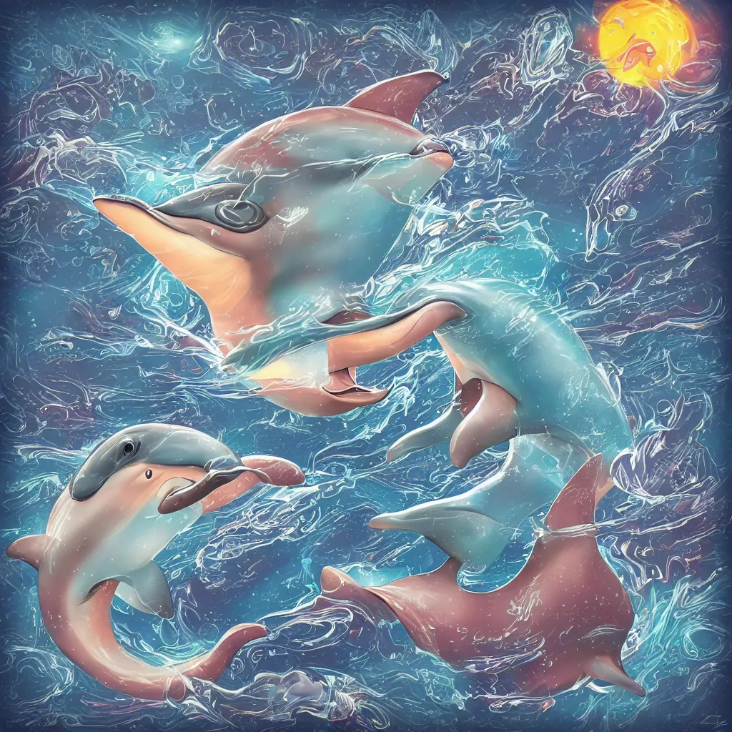 Prompt: retrofuturistic digital airbrush illustrated album cover of an anthropomorphic dolphin