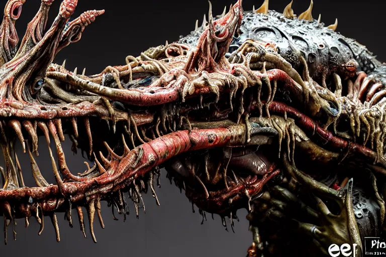 Image similar to wide angle photo taken of an epic intricate, ultra detailed, super realistic gritty, hero prop, exquisitely weathered animatronic movie prop of a lifelike sculpture of a wet, slimy nightmarish hellish alien creature displayed in the workshop, created by weta workshop, full body shot, photorealistic, sharp focus