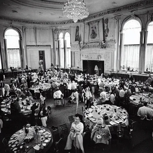 Image similar to A beautiful photograph of a large room with many people in it. There is a lot of activity going on, with people talking and moving around. The room is ornately decorated and there is a large window at one end. by Bruce Davidson