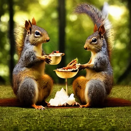 Prompt: a award winning photo of squirrels having a lunch at an squirrel hotel, volumetric light effect