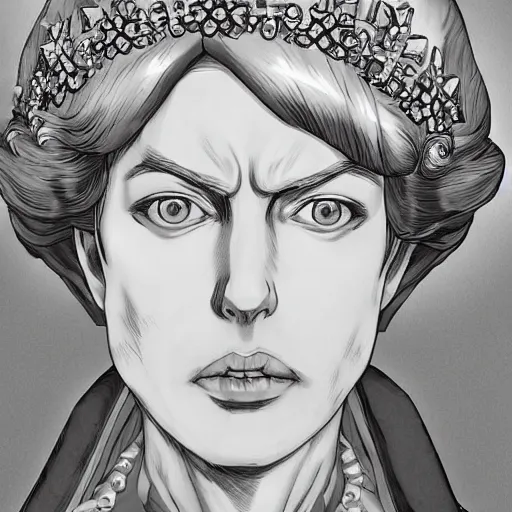 Prompt: Portrait of the Queen of England Queen Elizabeth the Second from the anime Attack on Titan, trending on Artstation, 4k, 8k, digital art, intricate, art by Hajime Isayama