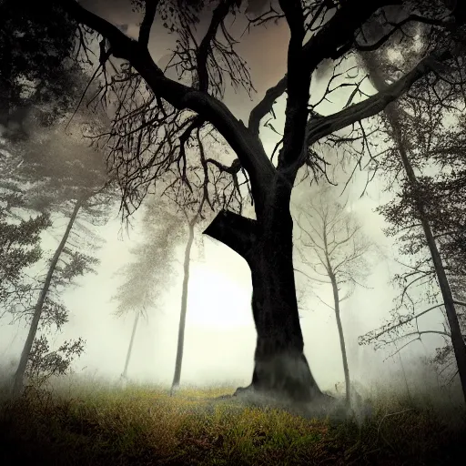 Image similar to realistic album cover of a black metal band with a very large dead oak tree that is flaming, standing far in front of a dark forest, the weather is clear but there is some fog full colour