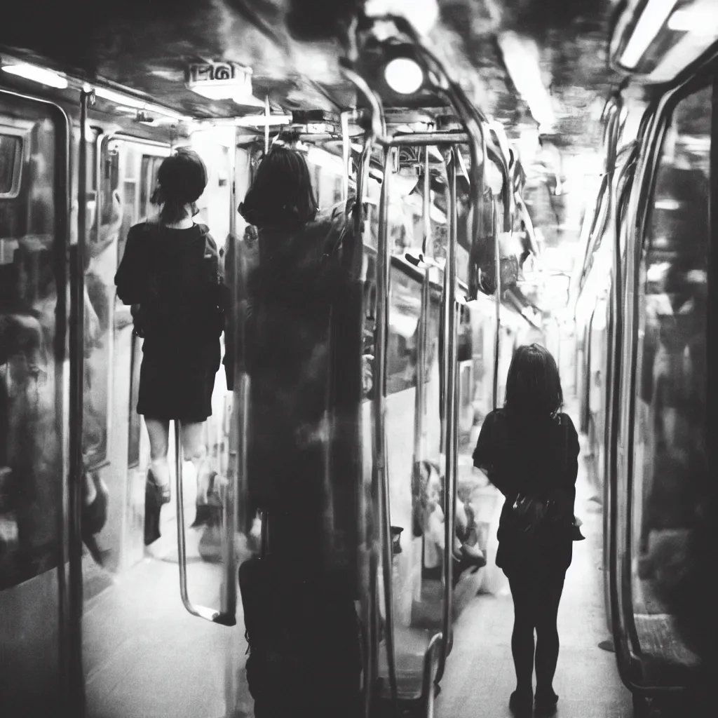 Prompt: A photography of a woman from behind standing inside a subway train. The train is full. Neo Tokyo style. Cinematic frame. Cinestill 800T film. Lens flare. Contrast. Film grain. Swirly bokeh.