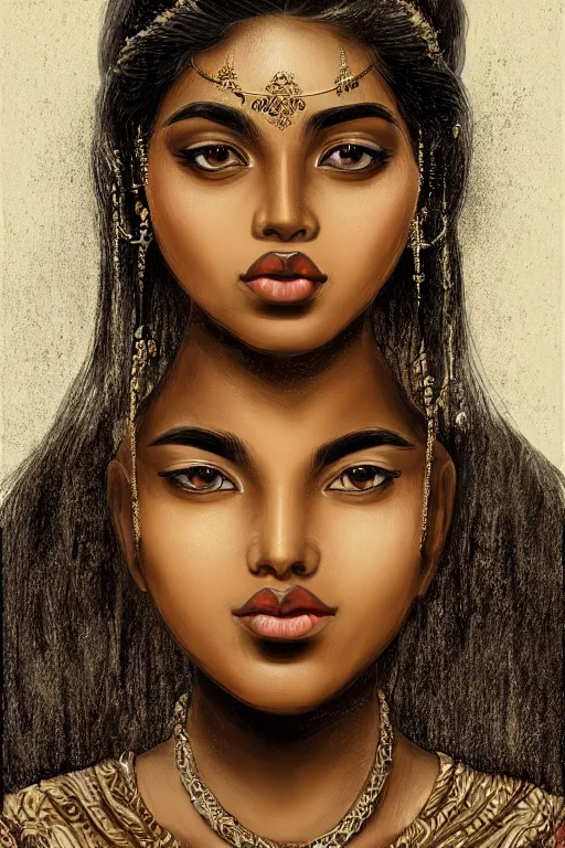 Prompt: A bust of a beautiful black skinned Sri Lankan girl with large lips and smooth eyebrows and straight hair, HD, illustration, epic, fantasy, intricate, elegant, amazing detail, digital painting, artstation, concept art, smooth, sharp focus, illustration, art by Turine Tran