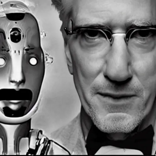 Image similar to The man who fall in love with a robot, cinematic composition, movie by David Lynch and David Cronenberg